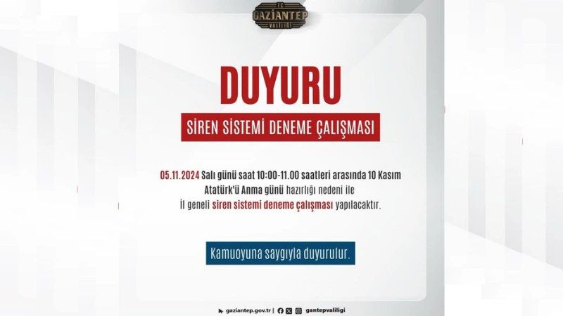 Gaziantep Valiliği'nden yapılan açıklamaya göre, 10 Kasım Atatürk'ü Anma Günü'ne