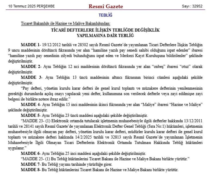 Ticari Defter Düzenlemelerinde Yeni Dönem 1 resmi gazete duyurusu