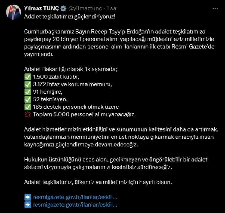 Adalet Bakanlığı’na İlk Etapta 5 Bin Yeni Personel Alımı 1 yilmaz tunc