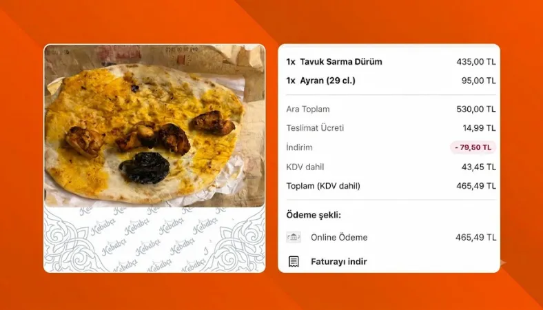 435 TL ödeyerek tavuk dürüm siparişi veren bir tüketici, teslim