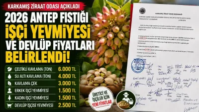 Karkamış’ta 2026 Antep Fıstığı İşçi Yevmiyesi ve Devlüp Fiyatları Açıklandı Karkamış Ziraat Odası Başkanlığı, 2026 yılı Antep fıstığı sezonu kapsamında
