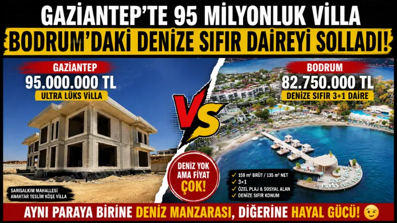 Gaziantep’te 95 Milyonluk Villa, Bodrum’daki Denize Sıfır Daireyi Solladı! Gaziantep’te 95 milyon TL’ye satışa çıkarılan ultra lüks villa, fiyatıyla