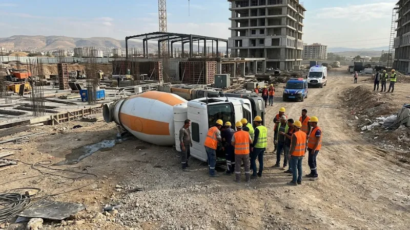 Şantiye alanında çalışma yaptığı esnada kontrolden çıkan beton mikseri yan