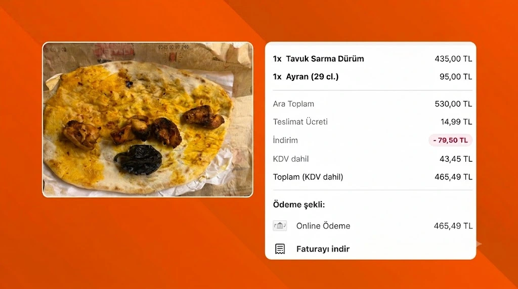 435 TL ödeyerek tavuk dürüm siparişi veren bir tüketici, teslim
